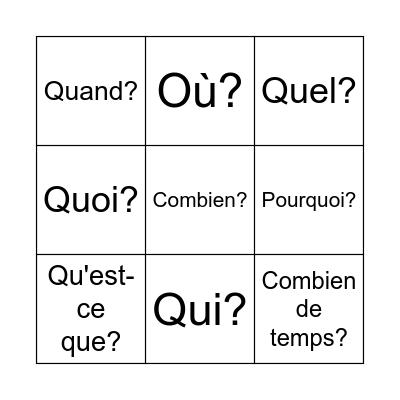 French question words Bingo Card