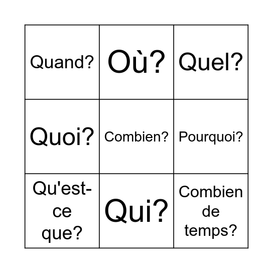 French question words Bingo Card