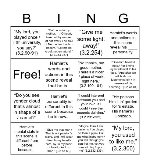 Hamlet Lesson 8 - Act 3, Scene 2 Bingo Card