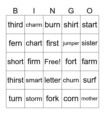 R Controlled Syllable Bingo Card