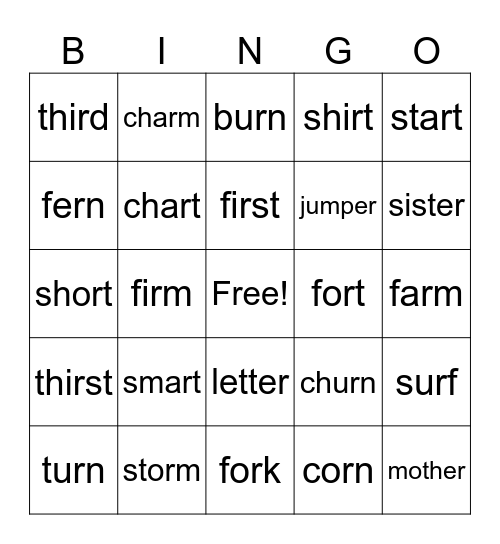 R Controlled Syllable Bingo Card