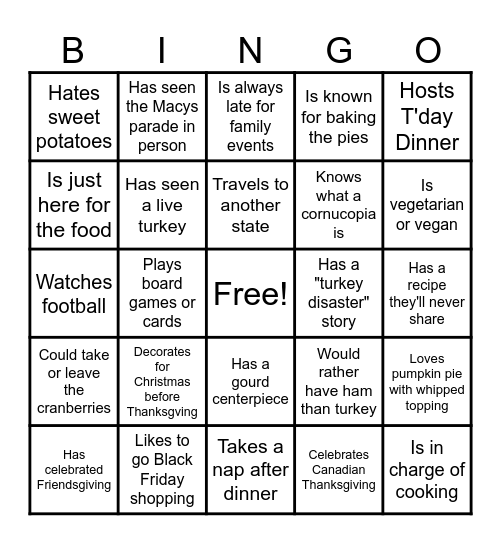 Virtual Thanksgiving Bingo Card