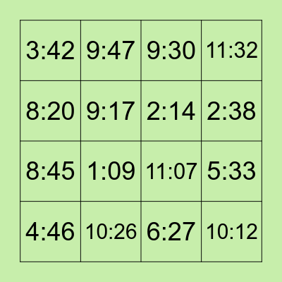 Bingo: What time is it? Bingo Card