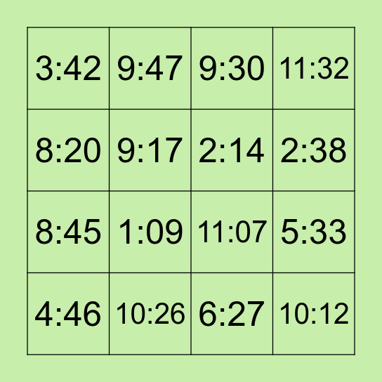 Bingo: What time is it? Bingo Card