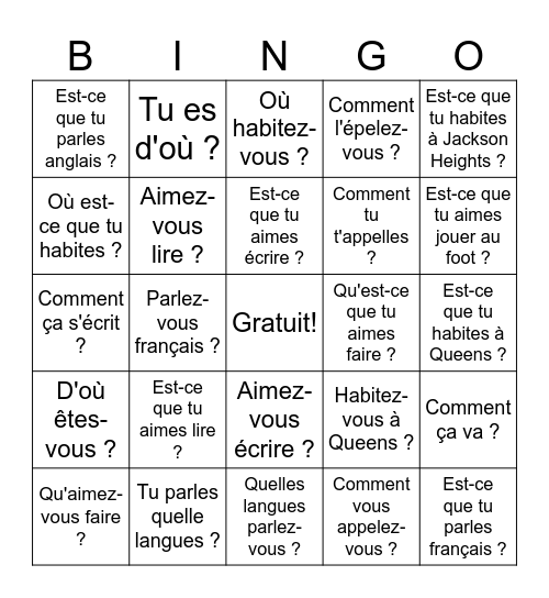 Tu et vous Bingo Card