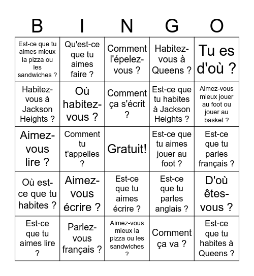 Tu et vous Bingo Card