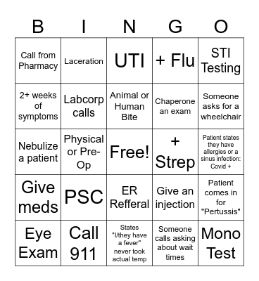 Urgent Care Bingo Card