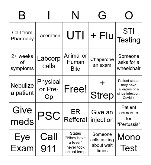 Urgent Care Bingo Card