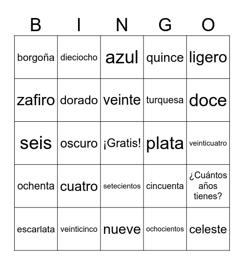 Los Colores y Los Números Bingo Card