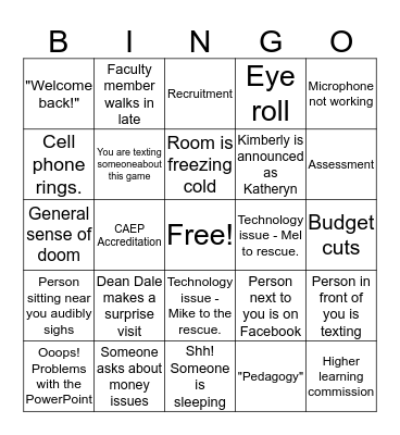 College Meeting Fall 2016 Bingo Card