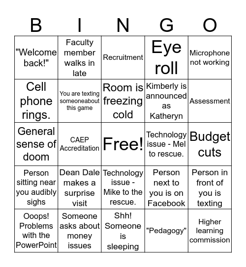 College Meeting Fall 2016 Bingo Card