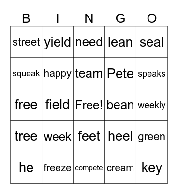 Long e words Bingo Card
