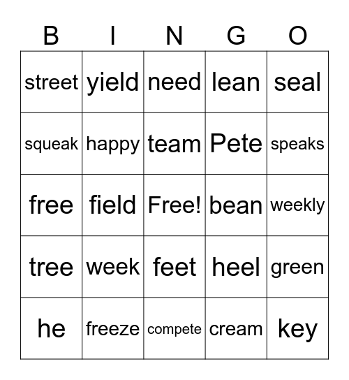 Long e words Bingo Card