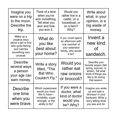 Writing Prompts Bingo Card