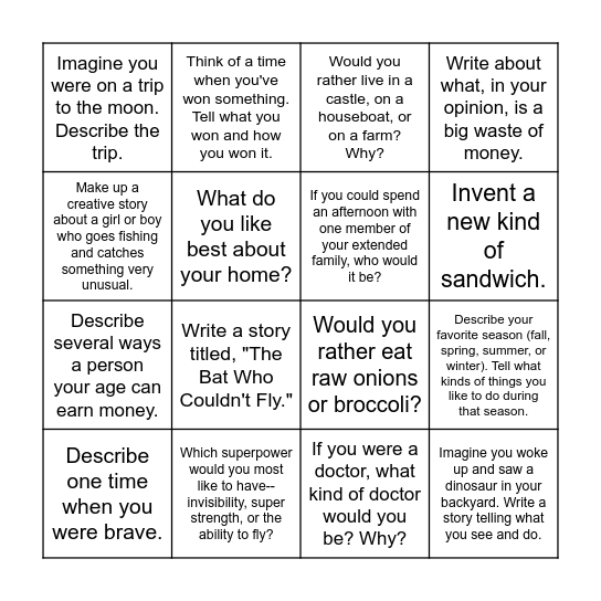 Writing Prompts Bingo Card