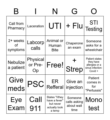 Urgent Care Bingo Card