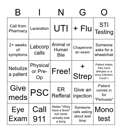 Urgent Care Bingo Card