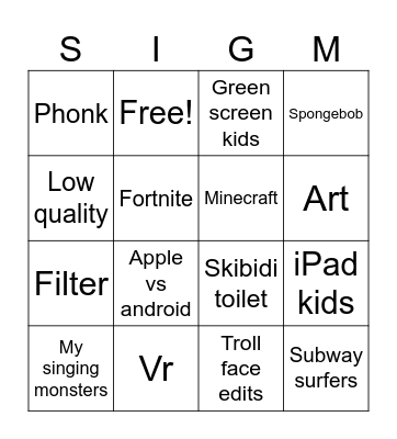 Yt shorts bingo Card