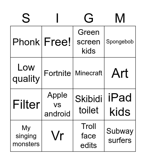 Yt shorts bingo Card