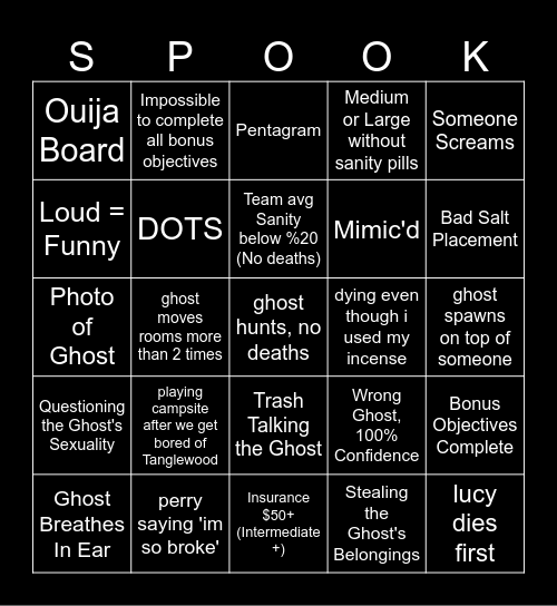 Phasmophobia Bingo Card