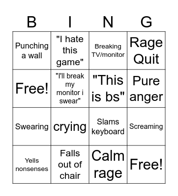 STREAMER Rage Bingo Card