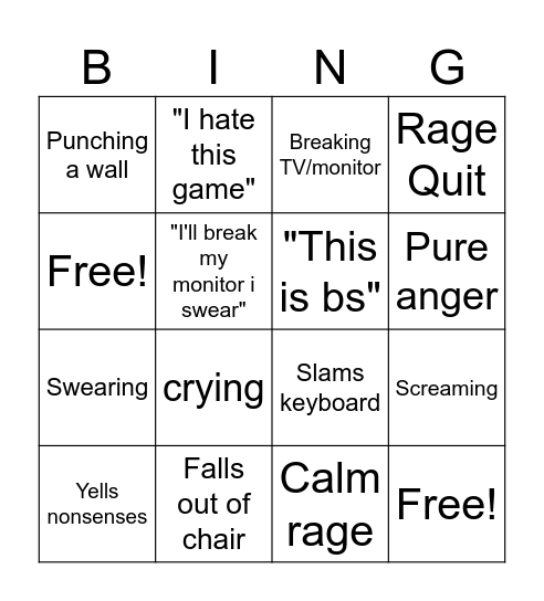 STREAMER Rage Bingo Card