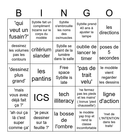 Modèle Vivant Bingo Card