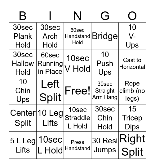 Conditioning Bingo Card