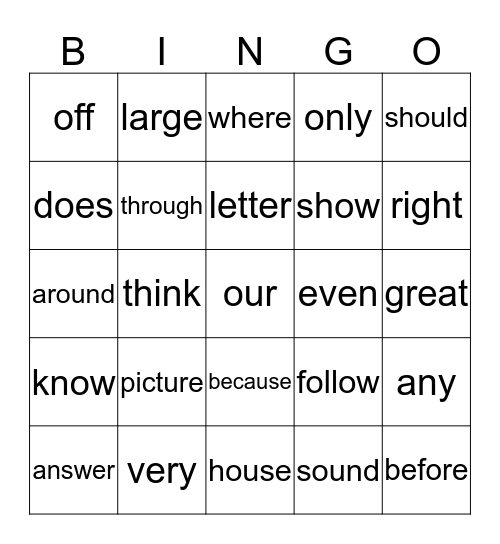 Fry Words 200 Bingo Card