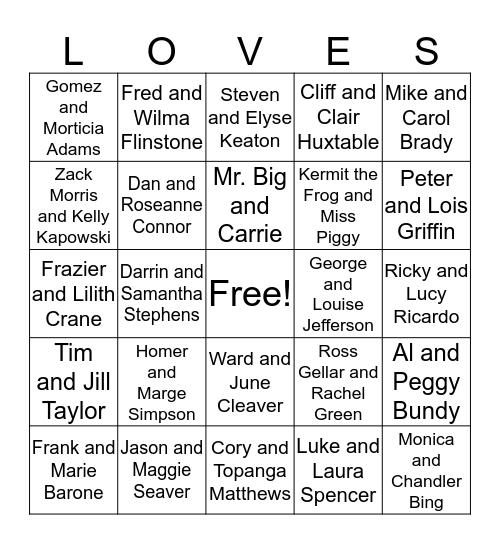 Famous TV Couples Bingo Card