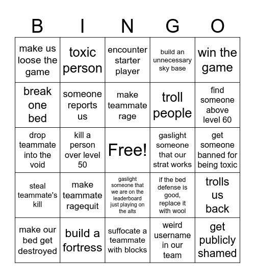 Bedwars Bingo Card