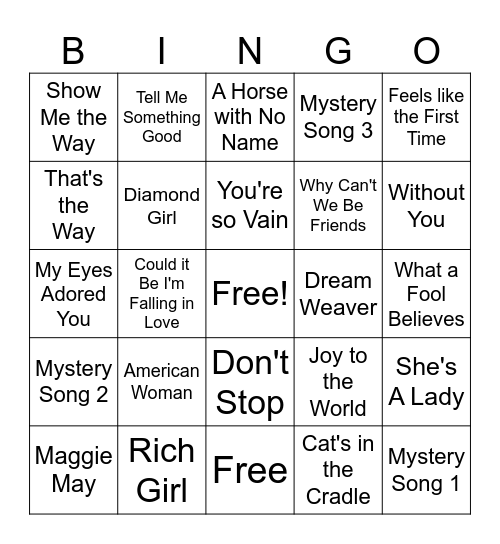 1970s MUSIC 1 Bingo Card