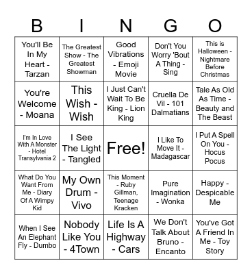 Songs From A Movie Bingo Card