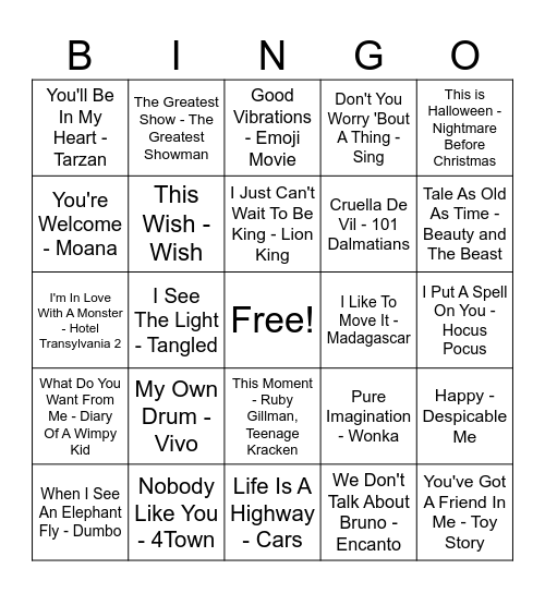 Songs From A Movie Bingo Card