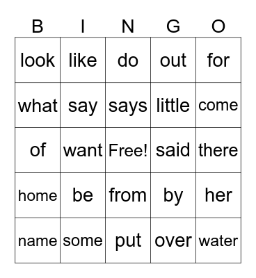 Sight Word Bingo Card
