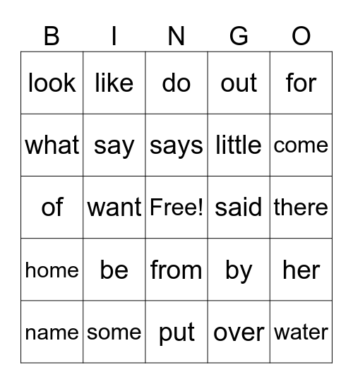 Sight Word Bingo Card