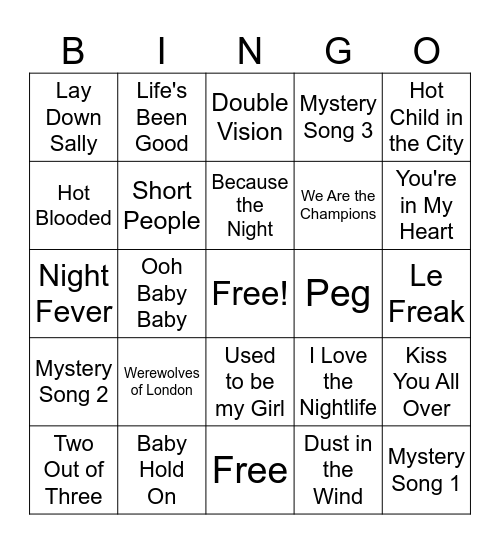 1970s MUSIC 2 Bingo Card