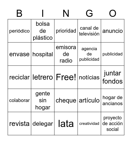 3.2.1 Vocabulario Bingo Card