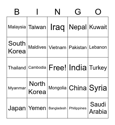 Asian Countries Bingo Card