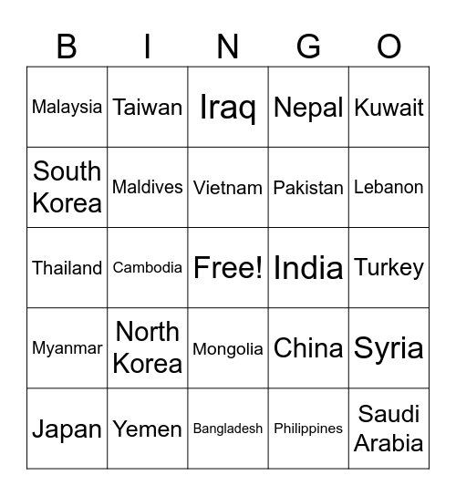 Asian Countries Bingo Card