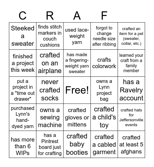 CRAFT Bingo Card