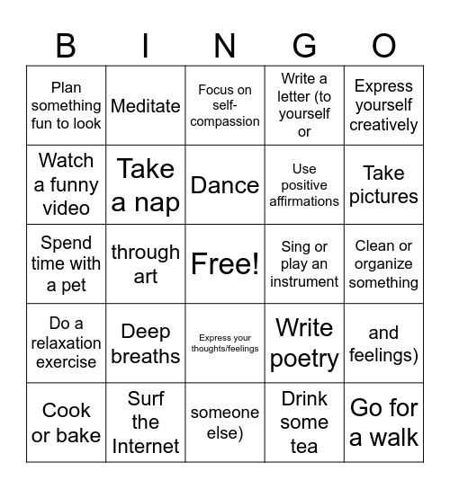 Coping Skills Bingo Card