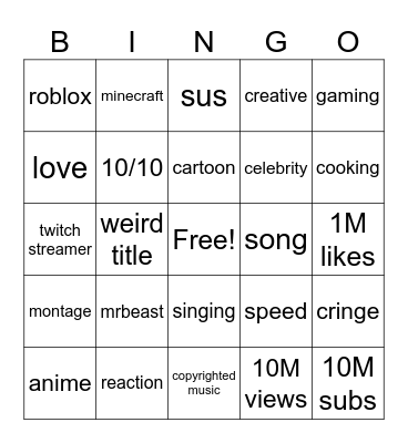 youtube Bingo Card