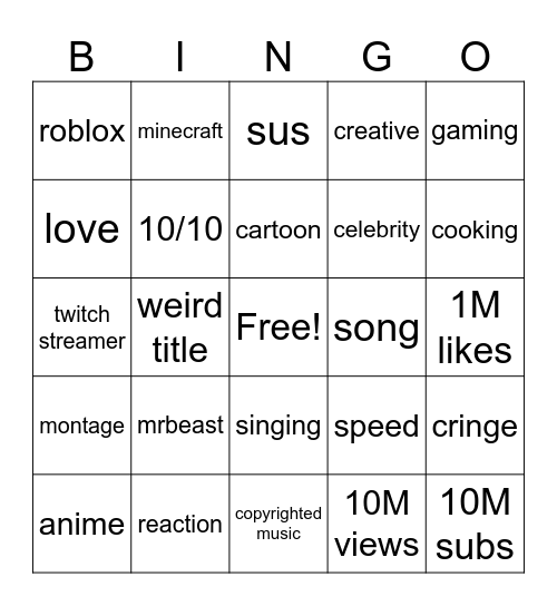 youtube Bingo Card