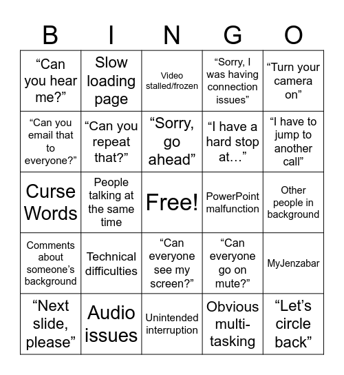 Conference Call Bingo Card