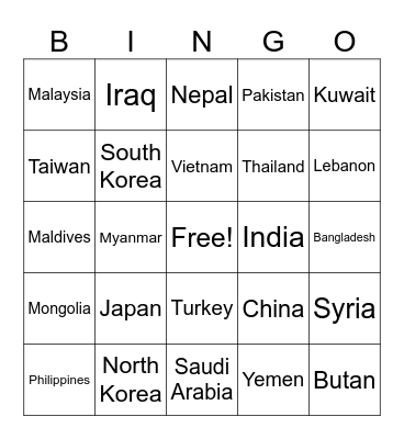 Asian Countries Bingo Card