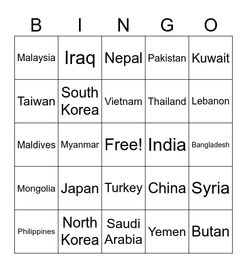 Asian Countries Bingo Card