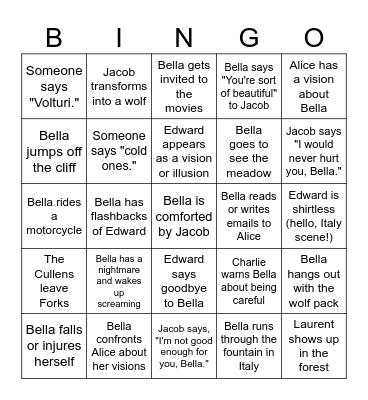 New Moon Bingo Card