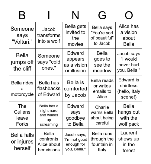 New Moon Bingo Card