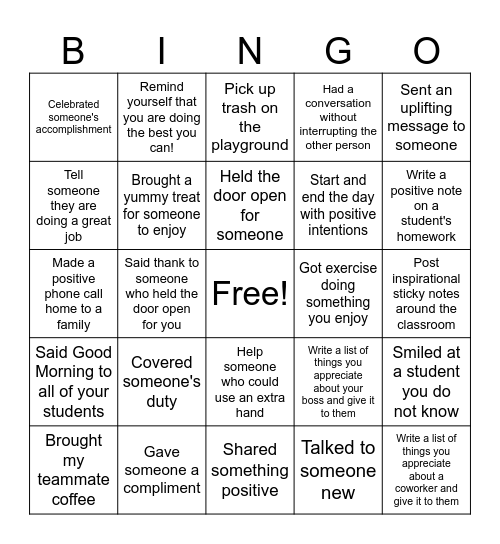 Kindness Bingo Card